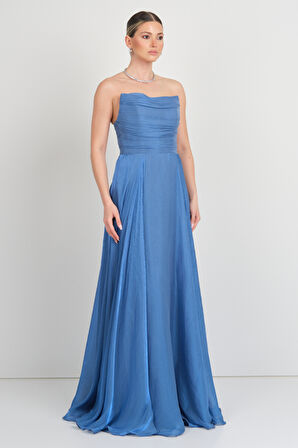 Doridorca Kadın Straplez Şifon Maxi Boy Abiye Elbise 7066 Indigo