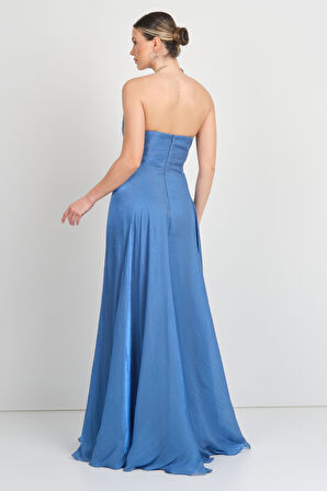 Doridorca Kadın Straplez Şifon Maxi Boy Abiye Elbise 7066 Indigo