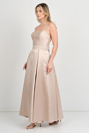 Doridorca Kadın İp Askılı Sırttan Bağlamalı Tafta Kumaş Abiye Elbise 7078 Bej