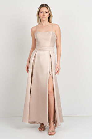 Doridorca Kadın İp Askılı Sırttan Bağlamalı Tafta Kumaş Abiye Elbise 7078 Bej