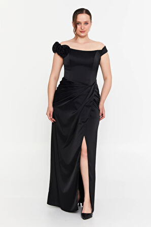 Doridorca Kadın Düşük Kol Derin Yırtmaçlı Maxi Abiye Elbise 7081 Siyah