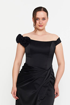 Doridorca Kadın Düşük Kol Derin Yırtmaçlı Maxi Abiye Elbise 7081 Siyah