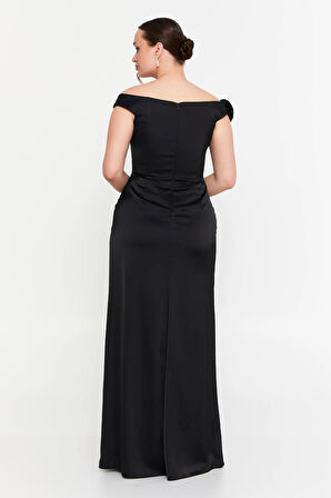 Doridorca Kadın Düşük Kol Derin Yırtmaçlı Maxi Abiye Elbise 7081 Siyah