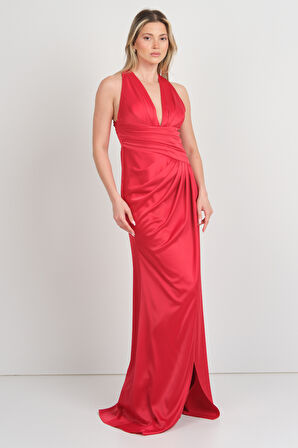 Doridorca Kadın Derin V Yaka Beli Drapeli Maxi Boy Abiye Elbise 7084 Kırmızı