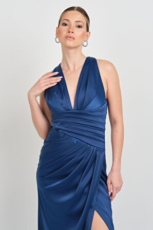 Doridorca Kadın Derin V Yaka Beli Drapeli Maxi Boy Abiye Elbise 7084 K. İndigo