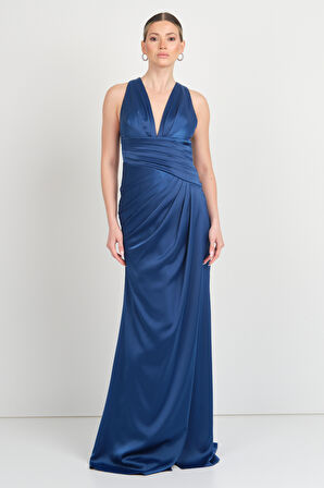 Doridorca Kadın Derin V Yaka Beli Drapeli Maxi Boy Abiye Elbise 7084 K. İndigo