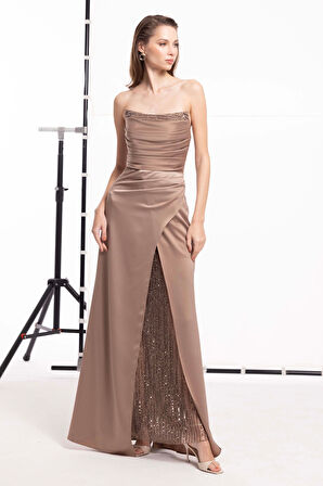 Doridorca Kadın Straplez Drapeli Maxi Abiye Elbise 7085 Bej