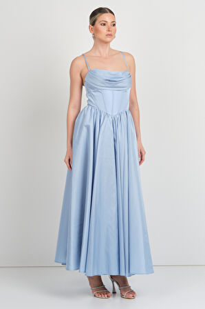 Doridorca Kadın İp Askılı Tafta Kumaş Beli Korsajlı Uzun Abiye Elbise 7088 Bebe Mavisi