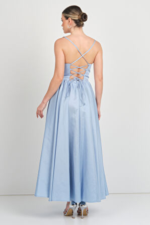 Doridorca Kadın İp Askılı Tafta Kumaş Beli Korsajlı Uzun Abiye Elbise 7088 Bebe Mavisi