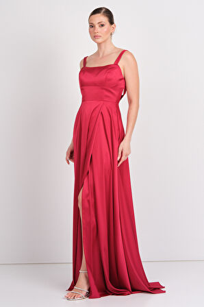 Doridorca Kadın Kare Yaka Sırt Detaylı Maxi Boy Saten Abiye Elbise 7089 Bordo