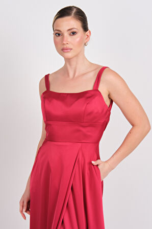 Doridorca Kadın Kare Yaka Sırt Detaylı Maxi Boy Saten Abiye Elbise 7089 Bordo