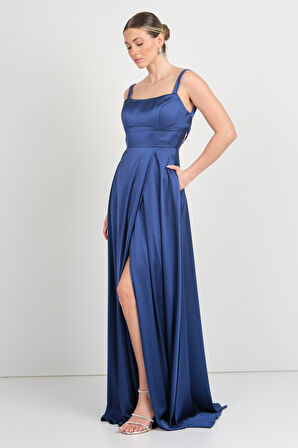 Doridorca Kadın Kare Yaka Sırt Detaylı Maxi Boy Saten Abiye Elbise 7089 K.İndıgo