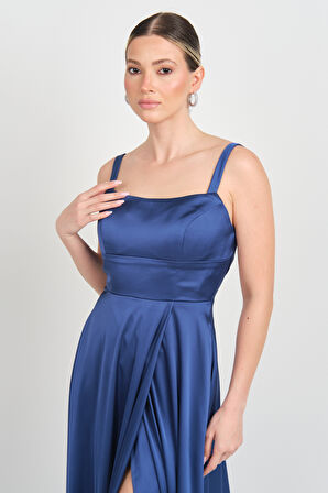 Doridorca Kadın Kare Yaka Sırt Detaylı Maxi Boy Saten Abiye Elbise 7089 K.İndıgo