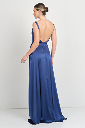 Doridorca Kadın Kare Yaka Sırt Detaylı Maxi Boy Saten Abiye Elbise 7089 K.İndıgo