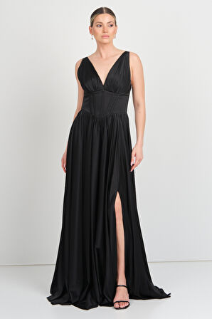 Doridorca Kadın Derin V Yaka Sırttan Bağlamalı Maxi Abiye Elbise 7091 Siyah