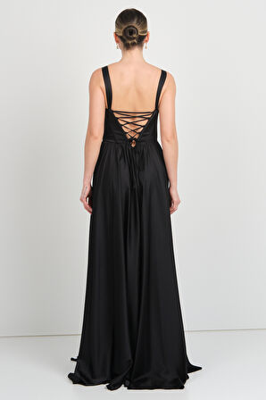 Doridorca Kadın Derin V Yaka Sırttan Bağlamalı Maxi Abiye Elbise 7091 Siyah