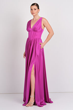 Doridorca Kadın Derin V Yaka Sırttan Bağlamalı Maxi Abiye Elbise 7091 Fuşya