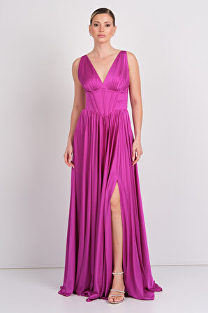 Doridorca Kadın Derin V Yaka Sırttan Bağlamalı Maxi Abiye Elbise 7091 Fuşya