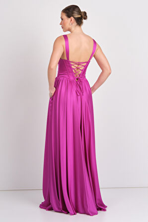 Doridorca Kadın Derin V Yaka Sırttan Bağlamalı Maxi Abiye Elbise 7091 Fuşya