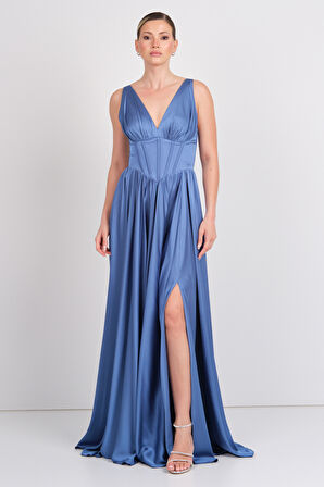 Doridorca Kadın Derin V Yaka Sırttan Bağlamalı Maxi Abiye Elbise 7091 Indigo