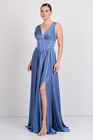 Doridorca Kadın Derin V Yaka Sırttan Bağlamalı Maxi Abiye Elbise 7091 Indigo