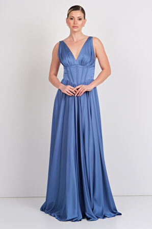 Doridorca Kadın Derin V Yaka Sırttan Bağlamalı Maxi Abiye Elbise 7091 Indigo