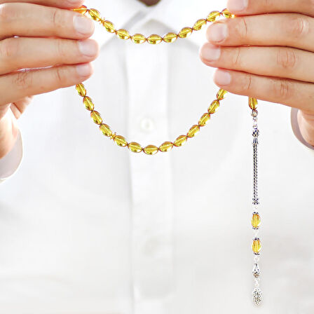 925 Ayar Gümüş Püsküllü Arpa Kesim Sarı Ateş Kehribar Tesbih