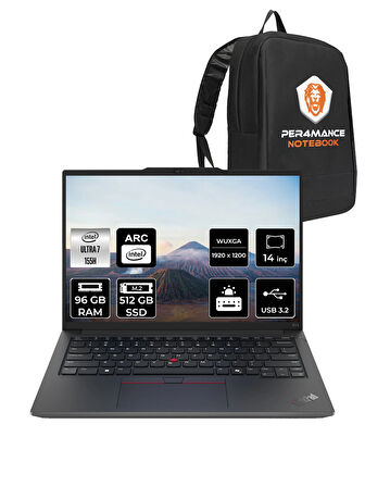 Lenovo ThinkPad E14 Ultra7 155H 96GB DDR5 512GB SSD 14'' FHD+ FDOS Dizüstü Bilgisayar & PER4 ÇANTA