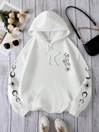 Yıldız Güneş Ay Göz Kişilik Desen kadın Kazak Vintage Büyük Boy Kapşonlu Sokak Rahat Hoodie S