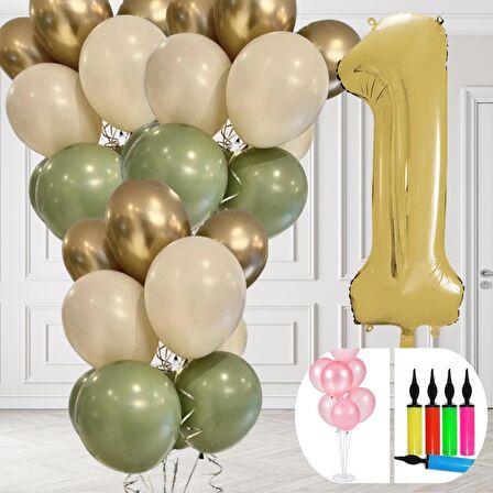 1 Yaş Balon Standlı Ve Pompalı Retro Küf Yeşili Krom Gold Kum Beji Balon Seti Gold Rakam Süsleme