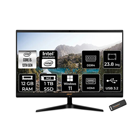 Acer Aspire C24-1800 i5 1335U 12GB 1TB SSD Intel Graphics 23.8" FHD W11H All In One PC Siyah & PER