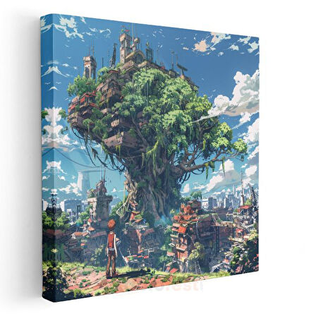 Devasa Ağaç Şehri - Mavi Gökyüzü Anime Kanvas Tablo