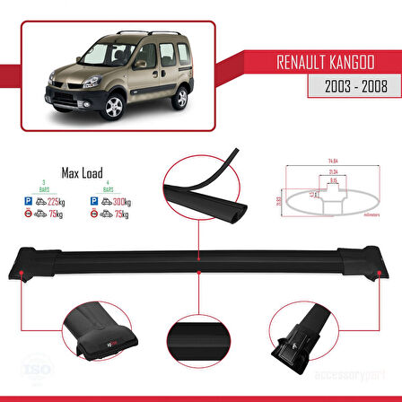 Renault Kangoo (X76) Post-Facelift 2003-2008 Arası ile Uyumlu FLY Model Ara Atkı Tavan Barı Siyah 3 Adet