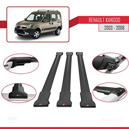 Renault Kangoo (X76) Post-Facelift 2003-2008 Arası ile Uyumlu FLY Model Ara Atkı Tavan Barı Siyah 3 Adet