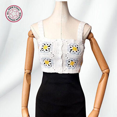 Uretti - Yıldız 7202 3650 El Örgüsü Yazlık Beyaz Kadın Büstiyer / Crop Bluz - 36/38/40 - Açık Mavi