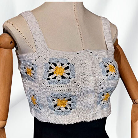 Uretti - Yıldız 7202 3650 El Örgüsü Yazlık Beyaz Kadın Büstiyer / Crop Bluz - 36/38/40 - Açık Mavi
