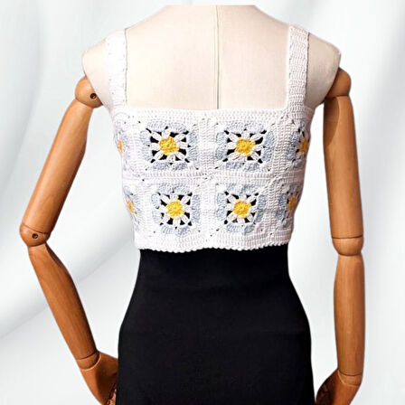 Uretti - Yıldız 7202 3650 El Örgüsü Yazlık Beyaz Kadın Büstiyer / Crop Bluz - 36/38/40 - Açık Mavi