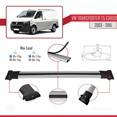 Volkswagen T5 Transporter 2003-2015 Arası ile Uyumlu FLY Model Ara Atkı Tavan Barı Gri 2 Adet