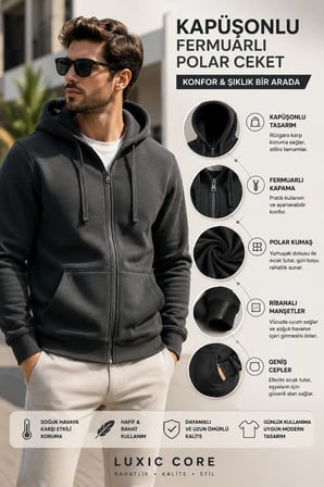 Erkek Kapüşonlu Fermuarlı Polar Ceket Günlük Kullanıma Uygun Sıcak Tutan Kışlık Sweatshirt