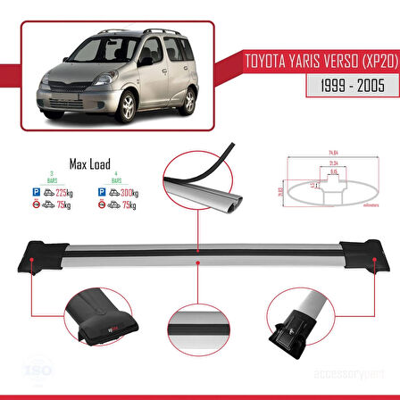 Toyota Yaris Verso (XP20) 1999-2005 Arası ile Uyumlu FLY Model Ara Atkı Tavan Barı Gri 3 Adet