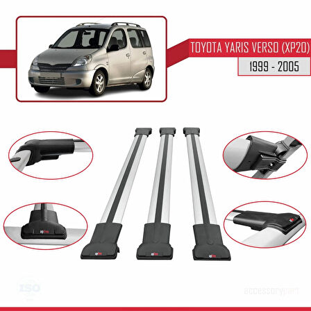 Toyota Yaris Verso (XP20) 1999-2005 Arası ile Uyumlu FLY Model Ara Atkı Tavan Barı Gri 3 Adet