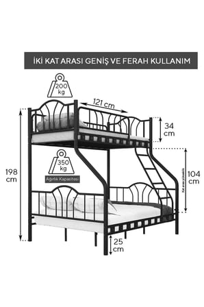 Missidea İmaj 3 Kişilik Ebeveyn 3'lü Metal Ranza Siyah 90x200 cm 