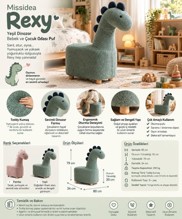 Missidea Rexy Yeşil Dinozor Bebek Çocuk Odası Puf