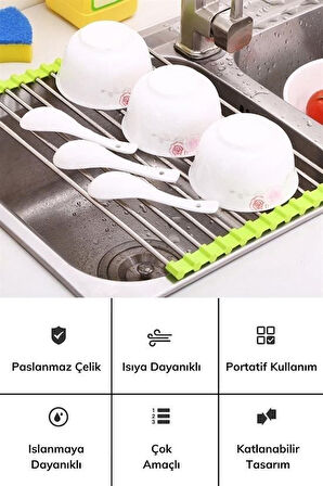 caselka® Evye Üstü Katlanır Nihale Paslanmaz Çelik Pratik Sebze Meyve Bulaşık Kurutma Süzgeci