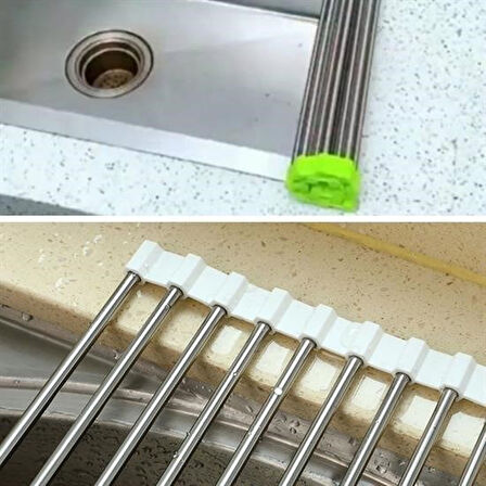 caselka® Evye Üstü Katlanır Nihale Paslanmaz Çelik Pratik Sebze Meyve Bulaşık Kurutma Süzgeci