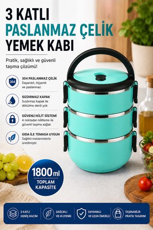 SAS HAUS 3 Katlı Paslanmaz Çelik Yemek Kabı 1800 ML Sızdırmaz Kapaklı Taşınabilir Lunch Box