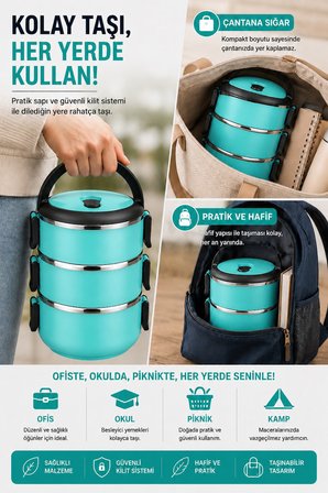 SAS HAUS 3 Katlı Paslanmaz Çelik Yemek Kabı 1800 ML Sızdırmaz Kapaklı Taşınabilir Lunch Box