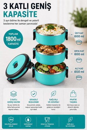 SAS HAUS 3 Katlı Paslanmaz Çelik Yemek Kabı 1800 ML Sızdırmaz Kapaklı Taşınabilir Lunch Box