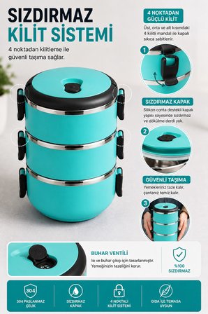 SAS HAUS 3 Katlı Paslanmaz Çelik Yemek Kabı 1800 ML Sızdırmaz Kapaklı Taşınabilir Lunch Box