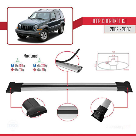 Jeep Cherokee 3 (KJ) 2002-2007 Arası ile Uyumlu FLY Model Ara Atkı Tavan Barı Gri 2 Adet